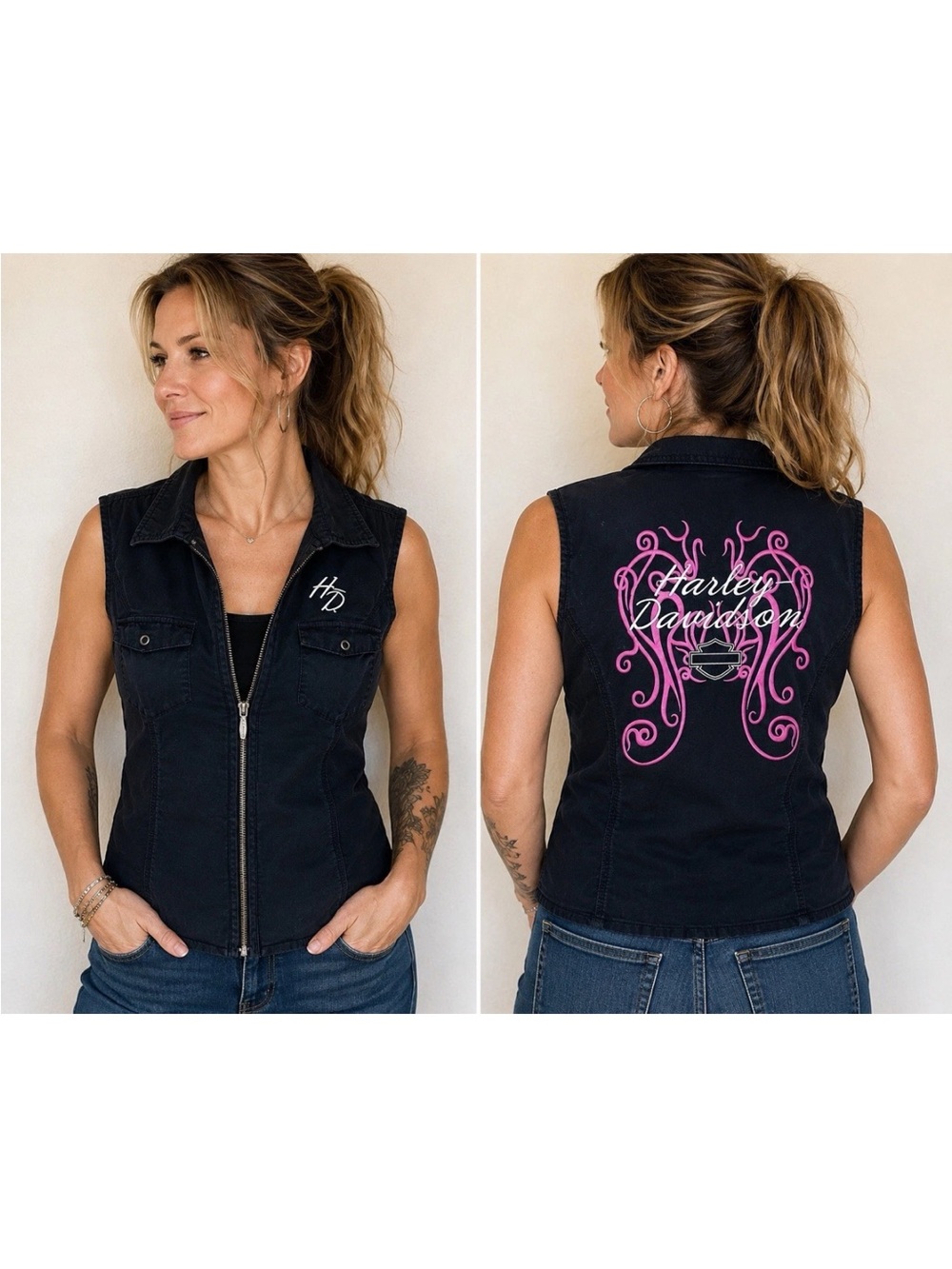 Harley-Davidson Women’s Black Sleeveless Zip Vest Pink Scroll Logo XL Biker